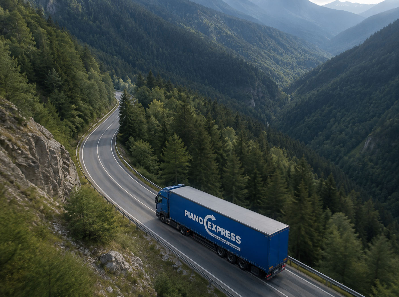 Piano-Express truck on a mountain road in the Alps