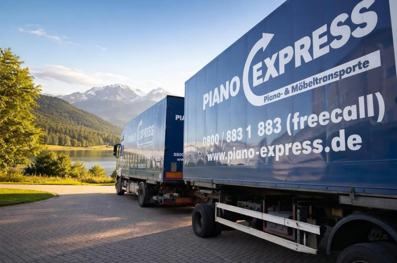 Piano-Express truck with trailer against a mountain-lake panorama