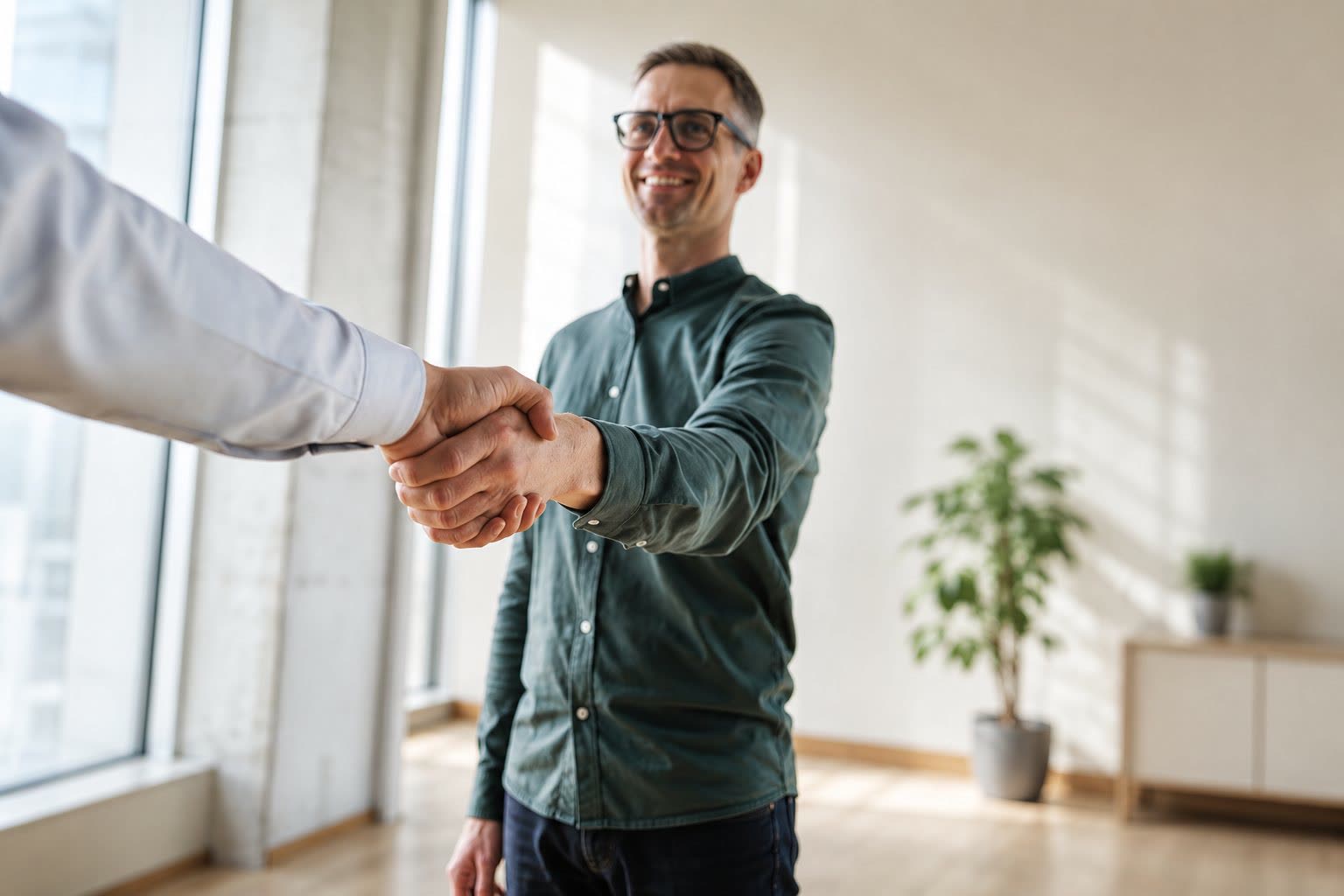 Poignée de main entre un collaborateur Piano-Express et un client – contact personnel
