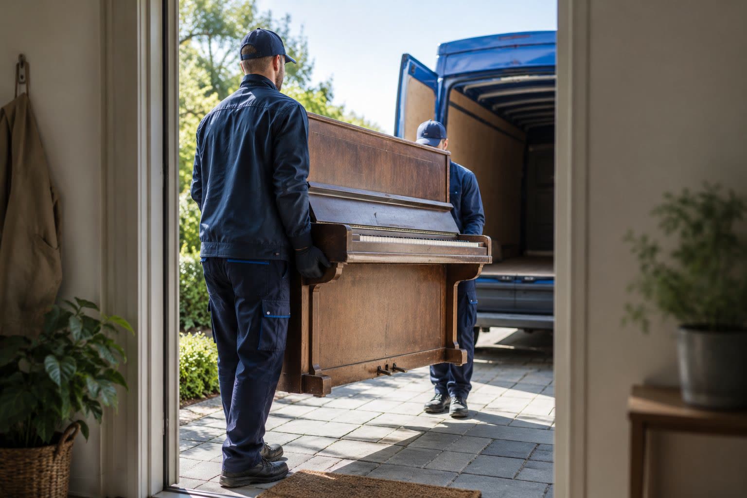 Zwei Piano-Express Mitarbeiter tragen gemeinsam ein Klavier im 2-Mann-Handling