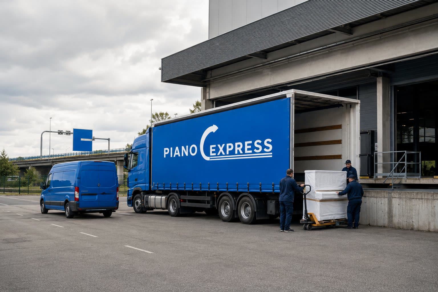 Camión de Piano-Express en el centro logístico – puestos de trabajo en cinco sedes